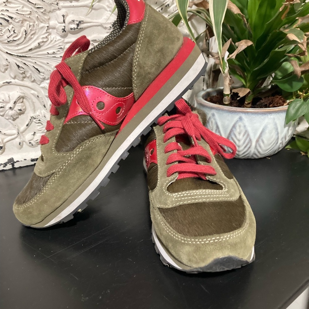 Saucony Olive and Red Athletic Shoes